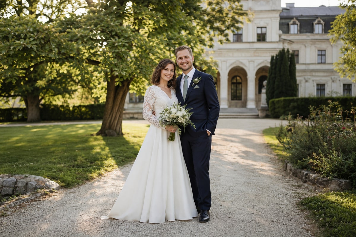 Bride and groom in a country-house garden – sample photo from the shoppable wedding gallery