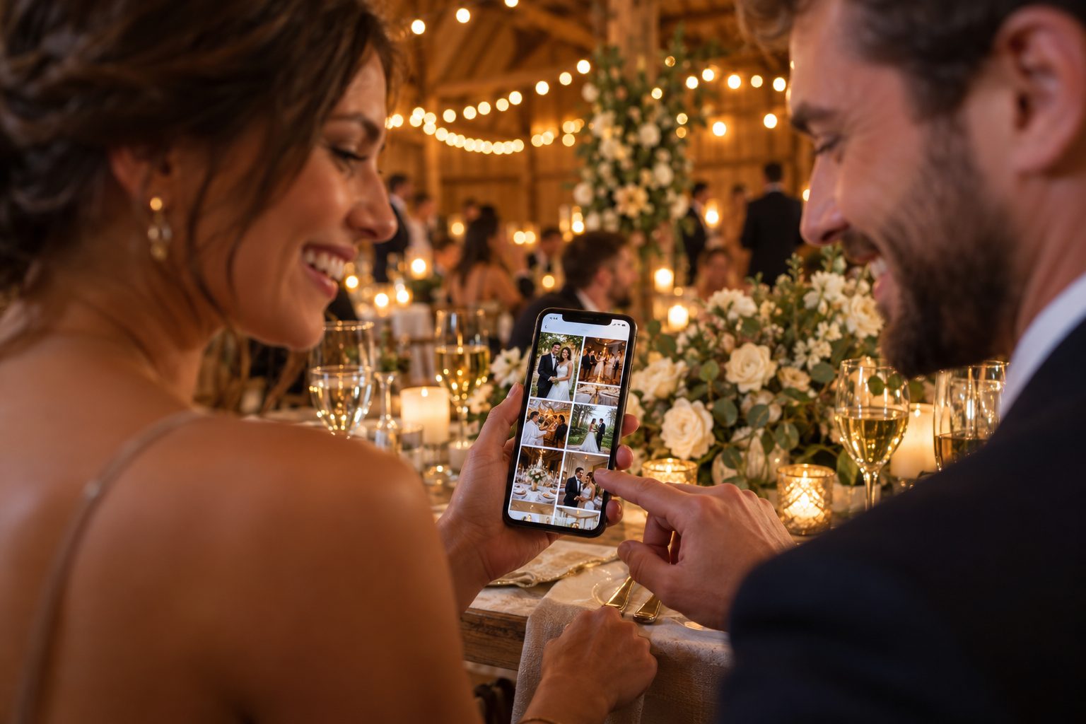 Wedding guests browsing the online wedding photo gallery on a phone
