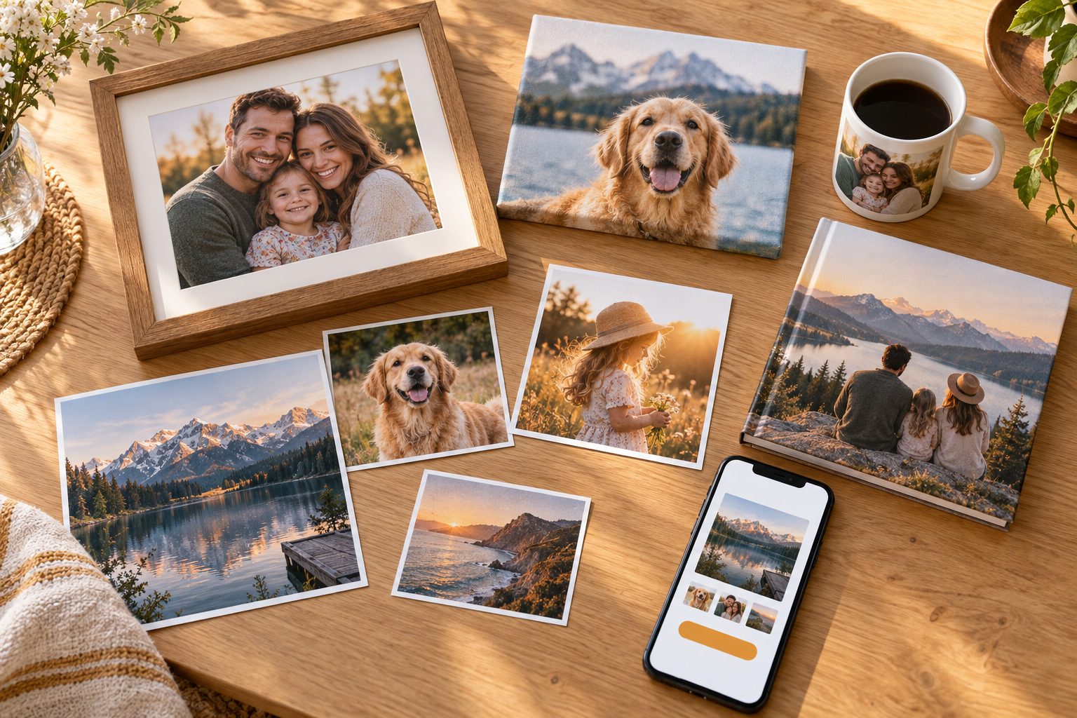 Photo prints, a canvas, a mug and a photo book next to an online photo shop on a phone