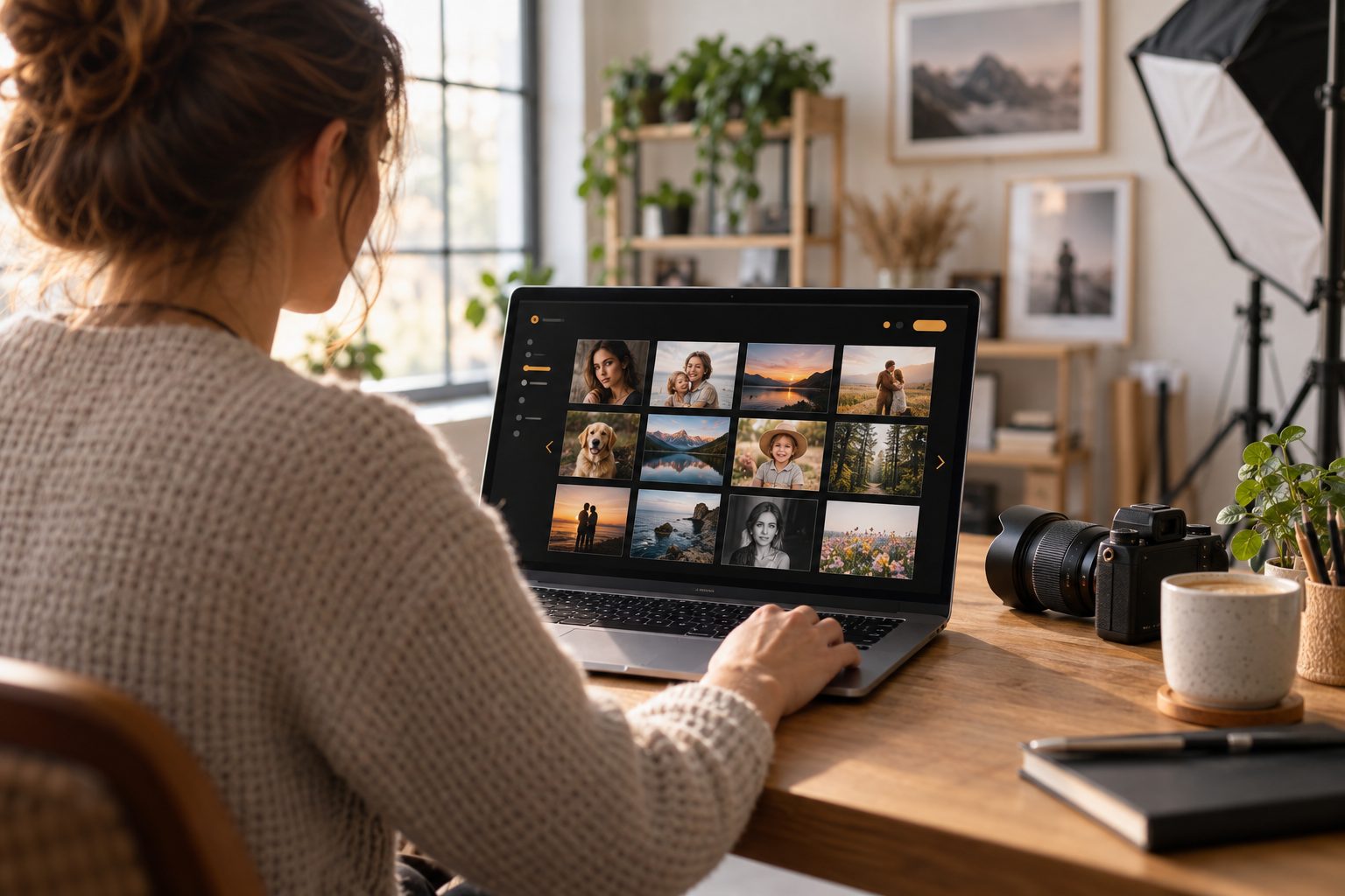 Photographer working on an online photo ordering gallery on a laptop